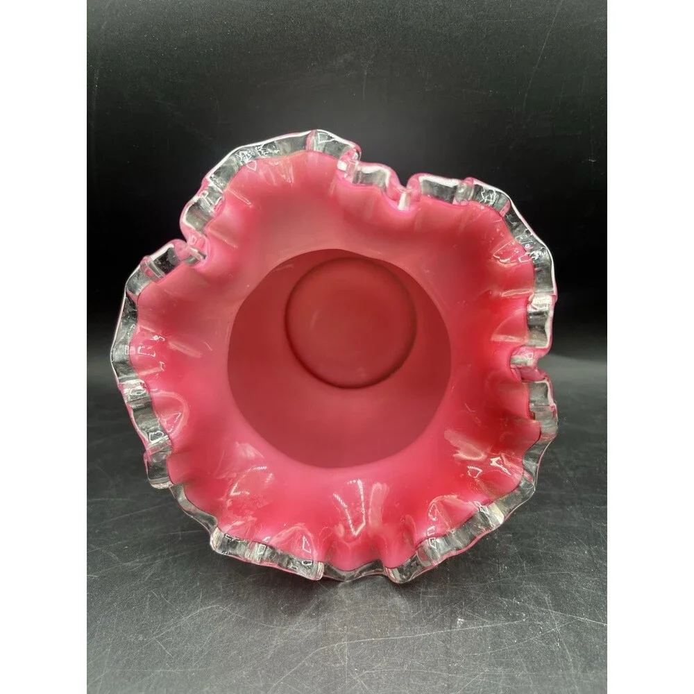 Vintage Fenton Peach Crest White Cased Rose Bowl Vase Pink Interior Ruffled Rim